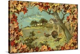 Thanksgiving Day - Fallen Leaves and Turkeys-Lantern Press-Stretched Canvas