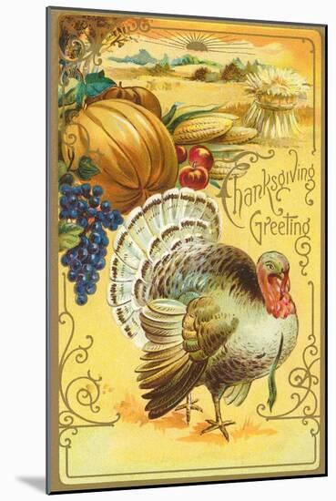 Thanksgiving Greeting, Turkey and Pumpkin-null-Mounted Art Print