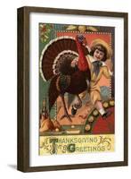 Thanksgiving Greetings - Boy with Arm around a Turkey-Lantern Press-Framed Art Print