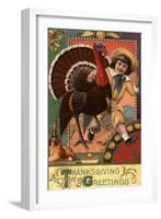 Thanksgiving Greetings - Boy with Arm around a Turkey-Lantern Press-Framed Art Print