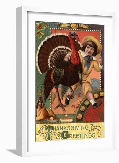 Thanksgiving Greetings - Boy with Arm around a Turkey-Lantern Press-Framed Art Print