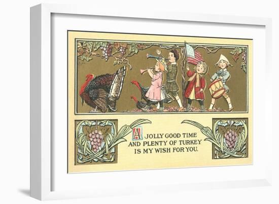 Thanksgiving Greetings, Children Marching Behind Turkey-null-Framed Art Print