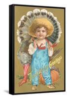 Thanksgiving Greetings, Farmer Boy with Turkey-null-Framed Stretched Canvas