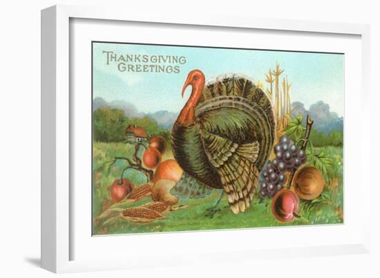 Thanksgiving Greetings, Turkey with Fruits-null-Framed Art Print