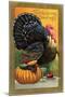 Thanksgiving Greetings, Turkey with Pumpkin, Fruit and Goblet-null-Mounted Art Print