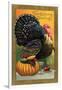 Thanksgiving Greetings, Turkey with Pumpkin, Fruit and Goblet-null-Framed Art Print