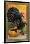 Thanksgiving Greetings, Turkey with Pumpkin, Fruit and Goblet-null-Framed Art Print