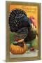 Thanksgiving Greetings, Turkey with Pumpkin, Fruit and Goblet-null-Mounted Art Print