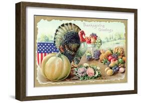 Thanksgiving Greetings with a Turkey and Fruit-K.J. Historical-Framed Giclee Print