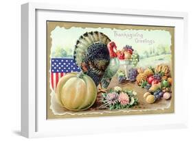 Thanksgiving Greetings with a Turkey and Fruit-K.J. Historical-Framed Giclee Print