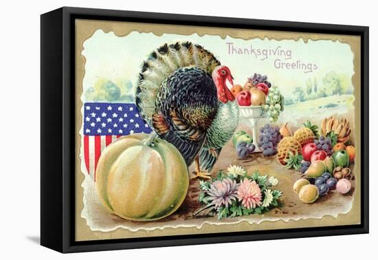 Thanksgiving Greetings with a Turkey and Fruit-K.J. Historical-Framed Stretched Canvas