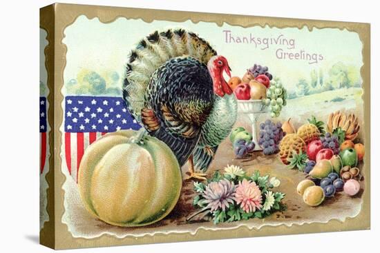 Thanksgiving Greetings with a Turkey and Fruit-K.J. Historical-Stretched Canvas