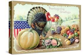 Thanksgiving Greetings with a Turkey and Fruit-K.J. Historical-Stretched Canvas