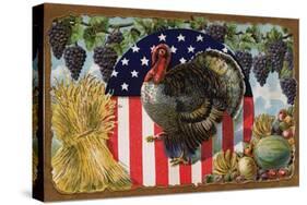 Thanksgiving Postcard with Turkey and Stars and Stripes Motif-null-Stretched Canvas