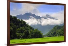 Thatched cottages and rice paddy fields with misty mountains behind, Mai Chau, Vietnam, Indochina,-Alex Robinson-Framed Photographic Print