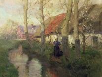 A French River Landscape with a Woman by Cottages-Thaulow-Giclee Print