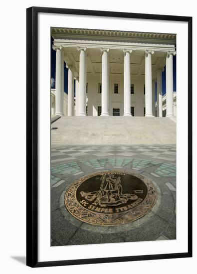 The 2007 restored Virginia State Capitol and the State Seal of Virginia, designed by Thomas Jeff...-null-Framed Premium Photographic Print