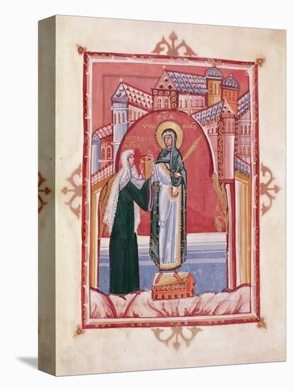 The Abbess Hilda Offering the Gospel to St. Walburga-German School-Stretched Canvas