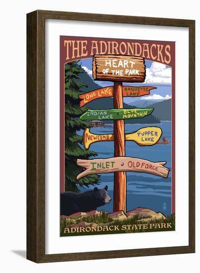 The Adirondacks - Adirondack State Park, New York - Destination Signpost-Lantern Press-Framed Art Print