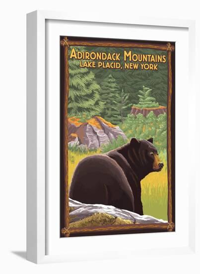 The Adirondacks - Lake Placid, New York - Black Bear in Forest-Lantern Press-Framed Art Print