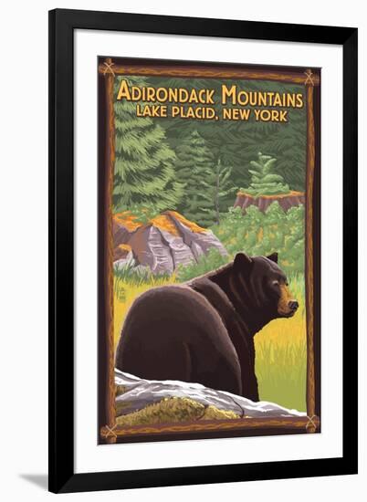 The Adirondacks - Lake Placid, New York - Black Bear in Forest-Lantern Press-Framed Art Print