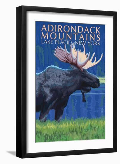 The Adirondacks - Lake Placid, New York State - Moose at Night-Lantern Press-Framed Art Print