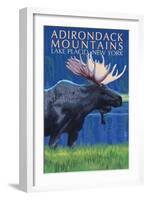 The Adirondacks - Lake Placid, New York State - Moose at Night-Lantern Press-Framed Art Print