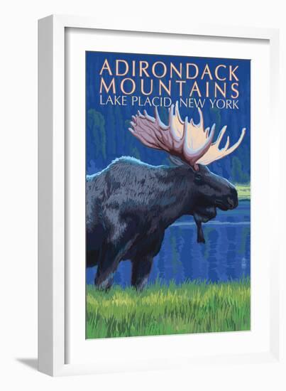 The Adirondacks - Lake Placid, New York State - Moose at Night-Lantern Press-Framed Art Print