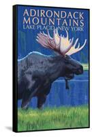 The Adirondacks - Lake Placid, New York State - Moose at Night-Lantern Press-Framed Stretched Canvas