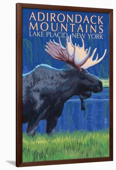 The Adirondacks - Lake Placid, New York State - Moose at Night-Lantern Press-Framed Art Print