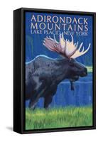 The Adirondacks - Lake Placid, New York State - Moose at Night-Lantern Press-Framed Stretched Canvas