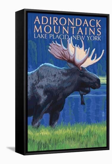 The Adirondacks - Lake Placid, New York State - Moose at Night-Lantern Press-Framed Stretched Canvas