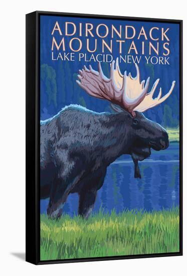 The Adirondacks - Lake Placid, New York State - Moose at Night-Lantern Press-Framed Stretched Canvas