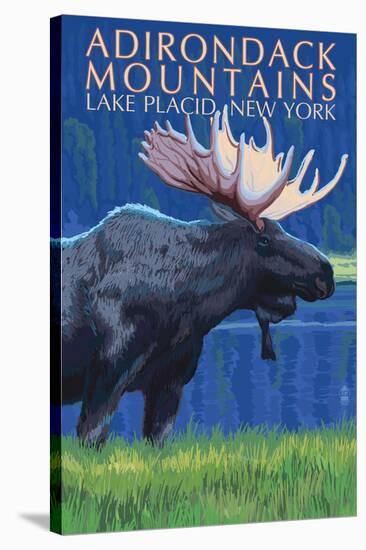 The Adirondacks - Lake Placid, New York State - Moose at Night-Lantern Press-Stretched Canvas