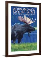 The Adirondacks - Lake Placid, New York State - Moose at Night-Lantern Press-Framed Art Print