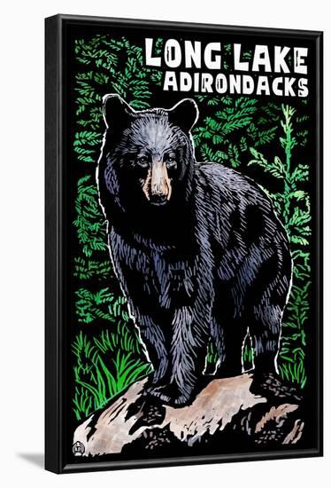 The Adirondacks - Long Lake, New York - Bear - Scratchboard-Lantern Press-Framed Art Print