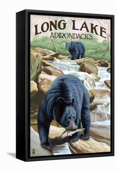 The Adirondacks - Long Lake, New York - Black Bears Fishing-Lantern Press-Framed Stretched Canvas
