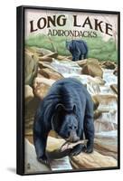 The Adirondacks - Long Lake, New York - Black Bears Fishing-Lantern Press-Framed Art Print