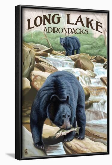 The Adirondacks - Long Lake, New York - Black Bears Fishing-Lantern Press-Framed Art Print