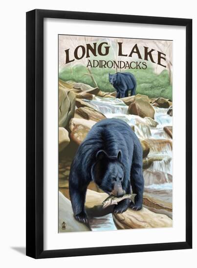 The Adirondacks - Long Lake, New York - Black Bears Fishing-Lantern Press-Framed Art Print