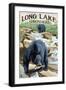 The Adirondacks - Long Lake, New York - Black Bears Fishing-Lantern Press-Framed Art Print