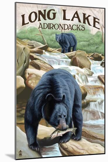 The Adirondacks - Long Lake, New York - Black Bears Fishing-Lantern Press-Mounted Art Print