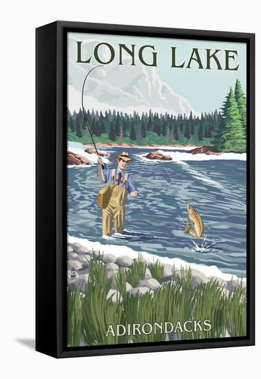 The Adirondacks - Long Lake, New York - Fisherman in River-Lantern Press-Framed Stretched Canvas