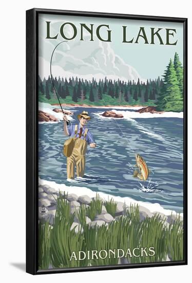 The Adirondacks - Long Lake, New York - Fisherman in River-Lantern Press-Framed Art Print