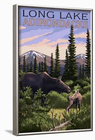 The Adirondacks - Long Lake, New York - Moose and Baby Calf-Lantern Press-Framed Art Print
