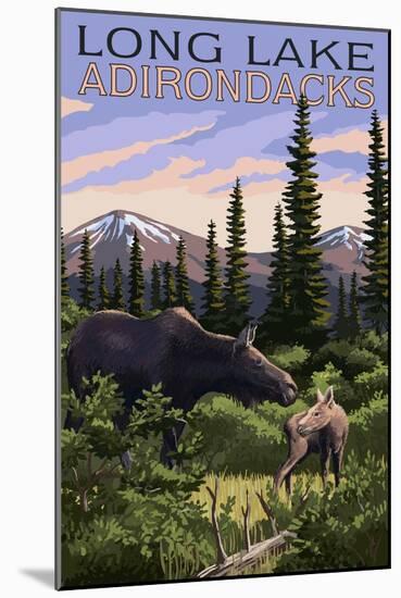 The Adirondacks - Long Lake, New York - Moose and Baby Calf-Lantern Press-Mounted Art Print