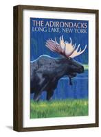 The Adirondacks - Long Lake, New York State - Moose at Night-Lantern Press-Framed Art Print