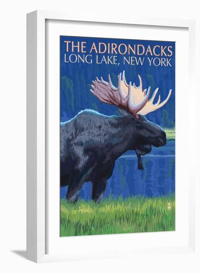 The Adirondacks - Long Lake, New York State - Moose at Night-Lantern Press-Framed Art Print