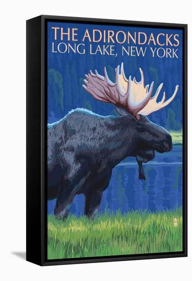 The Adirondacks - Long Lake, New York State - Moose at Night-Lantern Press-Framed Stretched Canvas