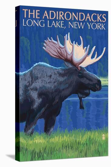 The Adirondacks - Long Lake, New York State - Moose at Night-Lantern Press-Stretched Canvas